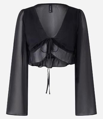 Blusa Cropped em Chiffon com Manga Sino e Amarração no Busto