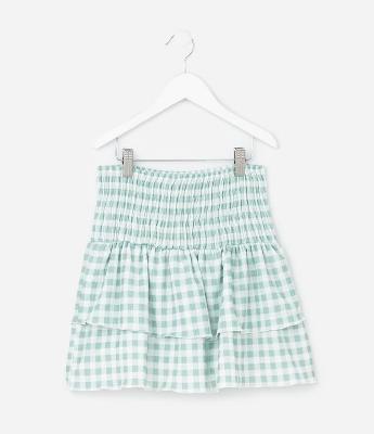 Saia Curta Infantil em Anarruga com Estampa Xadrez Vichy - Tam 5 a 14 Anos