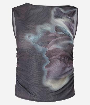 Blusa Sem Manga em Tule com Estampa Abstrata