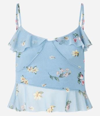 Blusa em Tule com Alça Fina e Estampa Floral Liberty com Babados