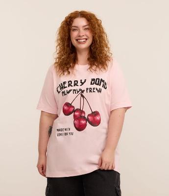 Camiseta Alongada em Algodão com Estampa Cereja Curve & Plus Size