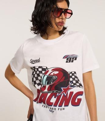 Camiseta Alongada em Algodão com Estampa Racing