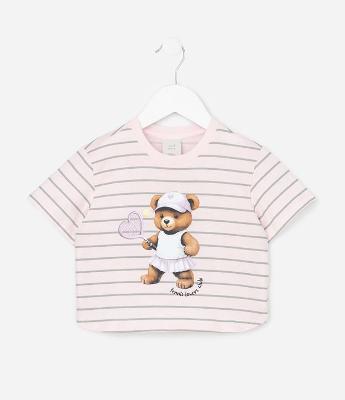 Blusa Infantil com Estampa Listrada e Ursinha  - Tam 1 a 6 Anos