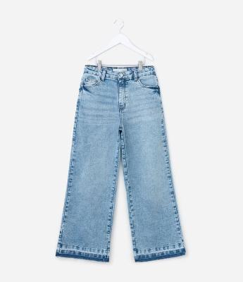 Calça Wide Infantil em Jeans com Barra Desfiada - Tam 5 a 14 Anos