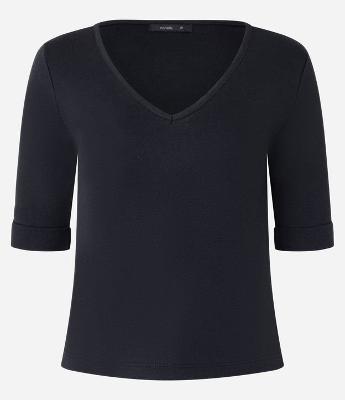 Blusa em Ribana com Decote V e Manga Dobrada