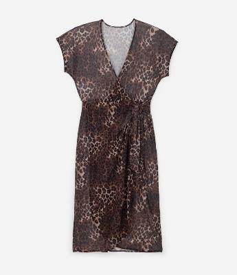 Saída de Praia Vestido Envelope em Tule com Estampa Animal Print Onça Curve & Plus Size