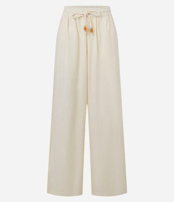 Calça Reta com Linho e Faixa Texturizada na Lateral e Amarração com Cascalhos