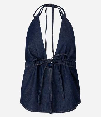 Blusa Frente Única em Jeans com Laço Frontal