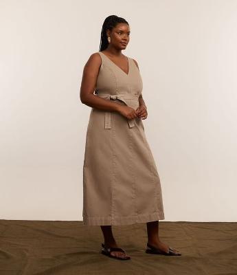 Vestido New Midi em Sarja com Faixa para Amarração Curve & Plus Size