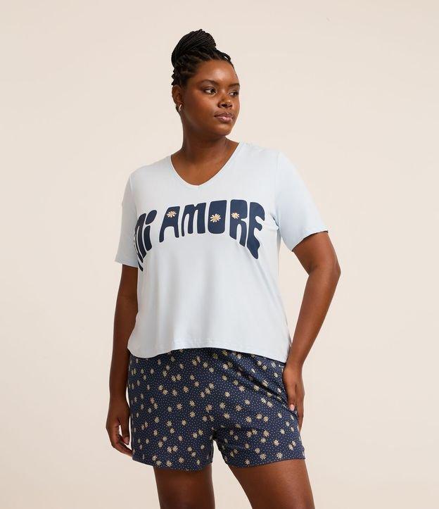 Pijama Curto em Viscolycra com Estampa Mi Amore e Short de Margaridas Curve & Plus Size - 1