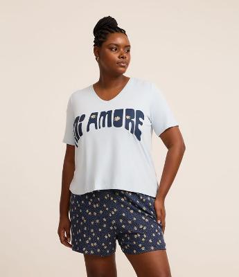 Pijama Curto em Viscolycra com Estampa Mi Amore e Short de Margaridas Curve & Plus Size