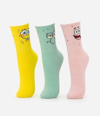 Kit 03 Meias Cano Médio em Algodão com Estampa Personagens Bob Esponja