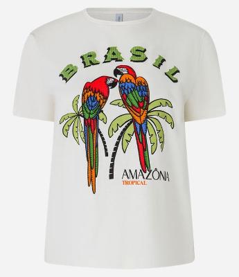 Camiseta T-Shirt em Algodão com Estampa de Araras e Lettering Brasil Amazônia