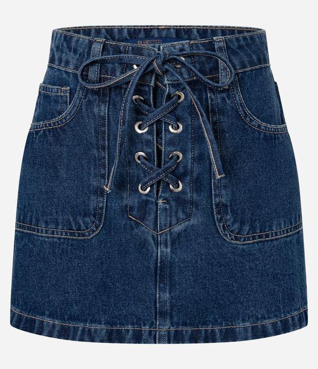 Saia Reta Curta em Jeans com Amarração Frontal - 1