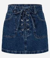 Saia Reta Curta em Jeans com Amarração Frontal - 1