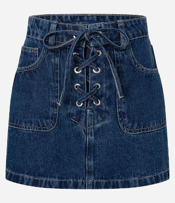 Saia Reta Curta em Jeans com Amarração Frontal