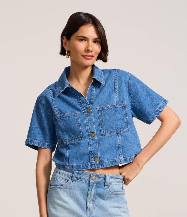 Camisa Cropped em Jeans com Recortes - 1