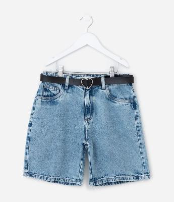 Bermuda Infantil em Jeans com Cinto de Coração - Tam  5 a 14 Anos