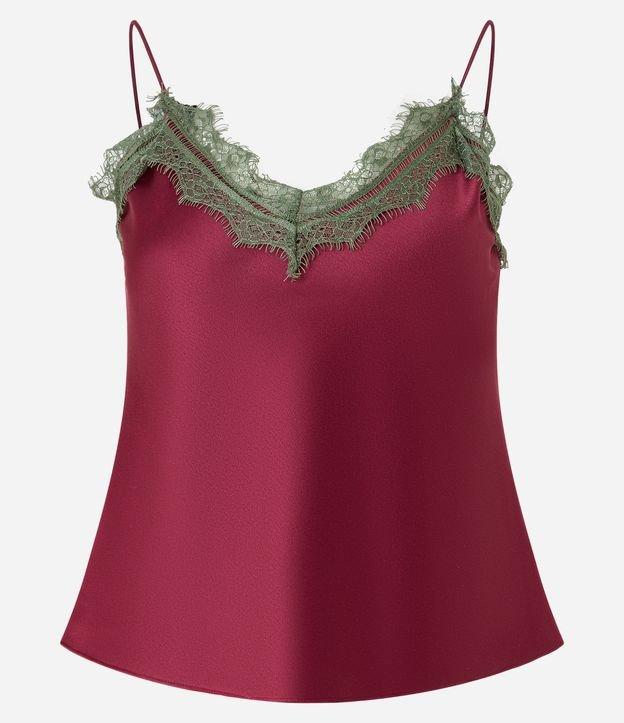 Blusa em Cetim com Alça Fina e Renda Contrastante no Decote - 1
