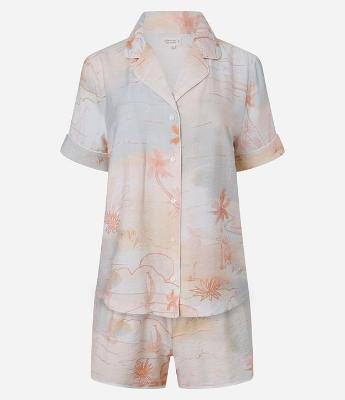 Pijama Short Doll Americano em Chalis com Estampa Tropical