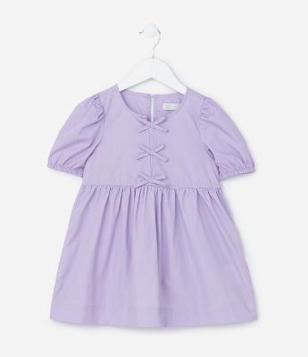 Vestido Infantil em Tricoline com Mangas Bufantes e Lacinhos - Tam 1 a 6 Anos