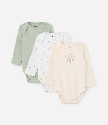 Kit 03 Bodies Infantis com Estampa Flores - Tam 0 a 18 meses