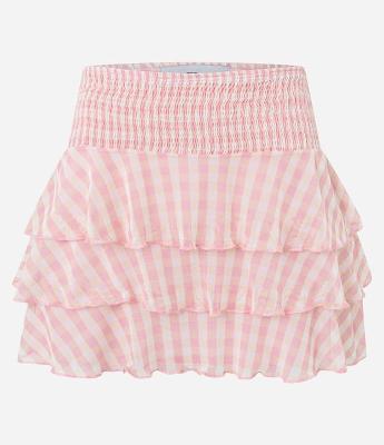 Saia Curta em Tule com Estampa Xadrez Vichy Bicolor e Babados