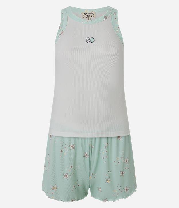 Pijama Short Doll em Ribana com Bordado Lua e Short Estampado de Estrelas - 1