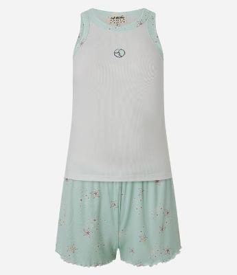 Pijama Short Doll em Ribana com Bordado Lua e Short Estampado de Estrelas
