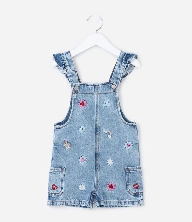 Jardineira Infantil em Jeans com Estampa Bordada de Mini Ícones e Frufru- Tam 1 a 6 Anos - 1