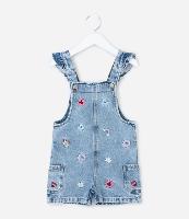 Jardineira Infantil em Jeans com Estampa Bordada de Mini Ícones e Frufru- Tam 1 a 6 Anos - 1