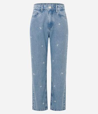 Cala Reta Cropped em Jeans com Bordados de Flores