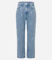 Cala Reta Cropped em Jeans com Bordados de Flores - 1
