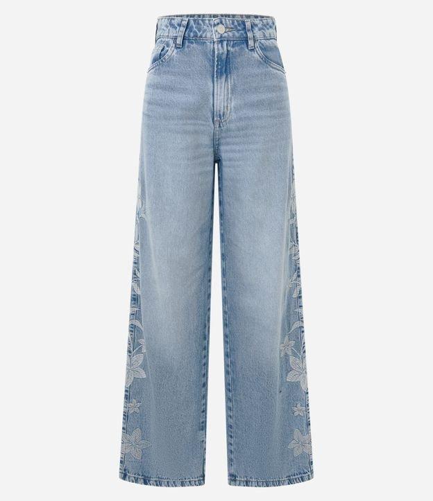 Calça Wide Leg em Jeans com Bordado Floral Lateral - 1