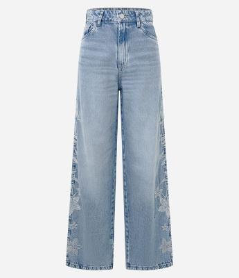 Calça Wide Leg em Jeans com Bordado Floral Lateral