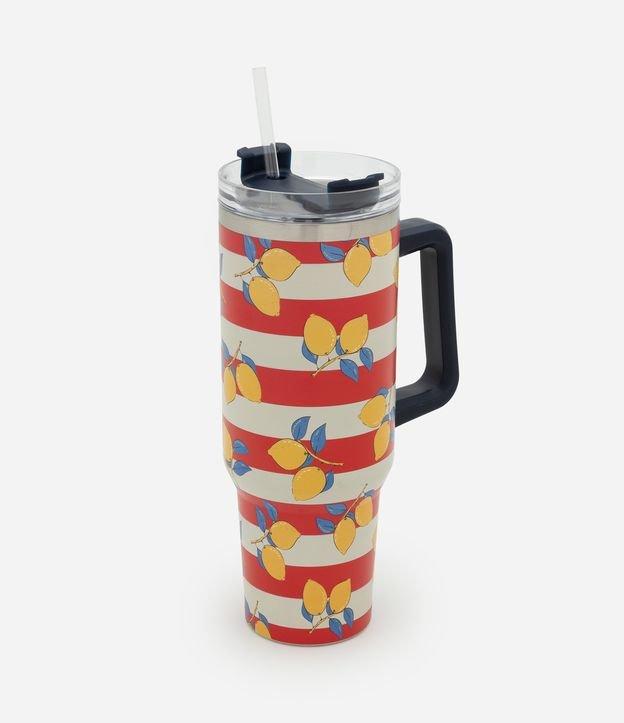 Copo Térmico com Canudo Reutilizável e Estampa Tropical Listrada - 1