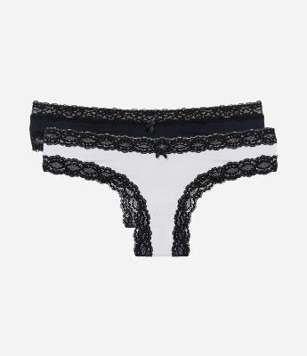 Kit 02 Calcinhas Biquíni Fio em Microfibra com Renda nas Cavas