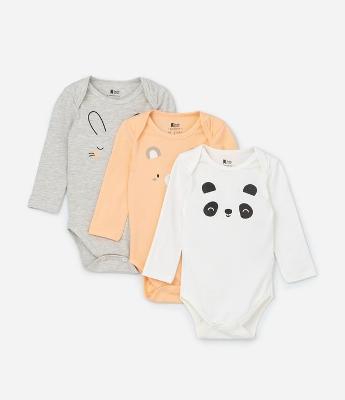 Kit 03 Bodies Infantis com Estampa Carinha de Bichinhos - Tam RN a 18 meses