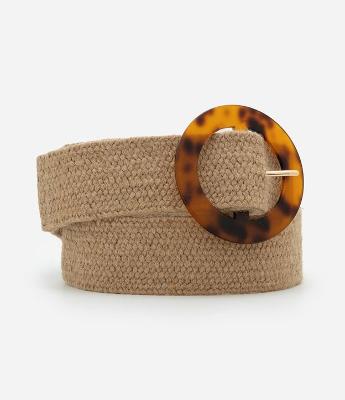 Cinto Largo Elástico em Linho com Fivela em Resina Tartaruga Curve e Plus Size