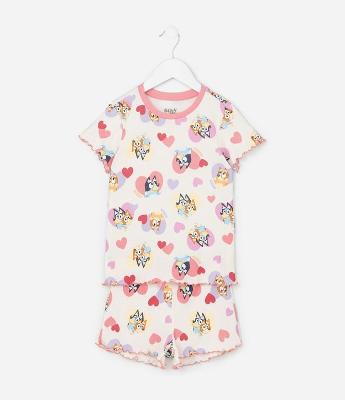 Pijama Infantil com Estampa Bluey e Bingo com Corações - Tam 3 a 8 Anos