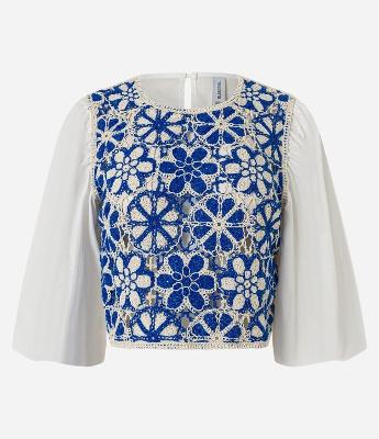 Blusa Cropped com Manga Bufante e Estampa Efeito Crochê Bicolor