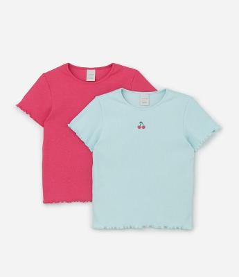 Kit 02 Camisetas Infantil em Ribana Estampa de Cereja - tam 5 a 14 Anos