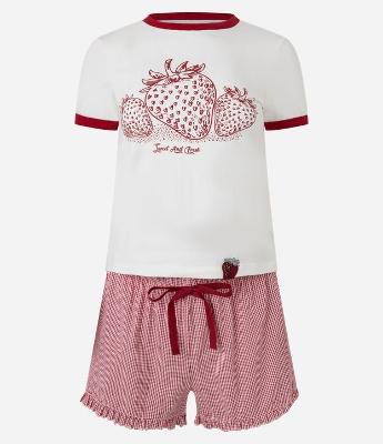 Pijama Short Doll em Algodão com Estampa de Morango e Short Xadrez