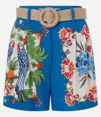 Short Evasê Com Cintura Alta Cinto Efeito Palha e Estampa Tropical