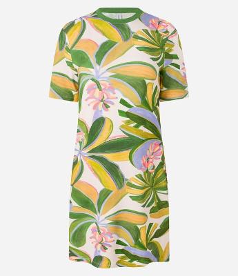 Vestido Curto T-shirt em Viscose com Estampa Tropical