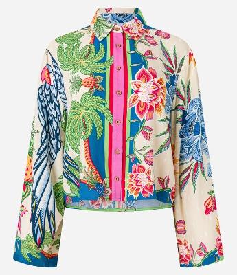 Camisa Curta com Estampa Tropical e Manga Sino