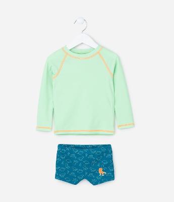 Conjunto Camiseta Manga Longa UV e Sunga com Estampa Dinos - Tam 1 a 4 anos