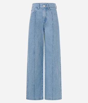 Calça Wide Leg Cintura Alta em Jeans com Frisos