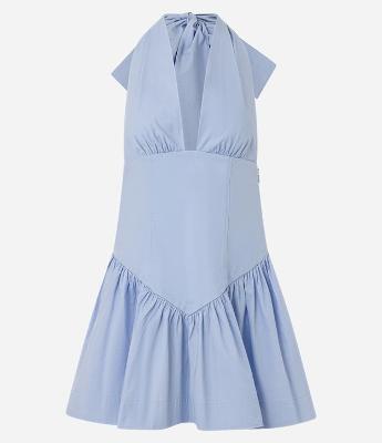 Vestido Curto em Tricoline com Laço no Pescoço e Franzidos