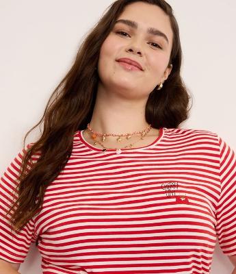 Blusa Boxy em Viscose com Estampa Listrada e Bordado de Cereja Curve & Plus Size